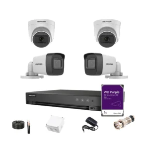 باقة 4 كاميرات هيكفيجون بدقة 2MP مع جهاز تسجيل وقرص 1TB جميع المستلزمات مشمولة خيار التركيب متاح